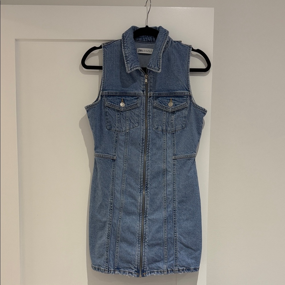 Zara Light Blue Denim Zip-Front Sleeveless Dress